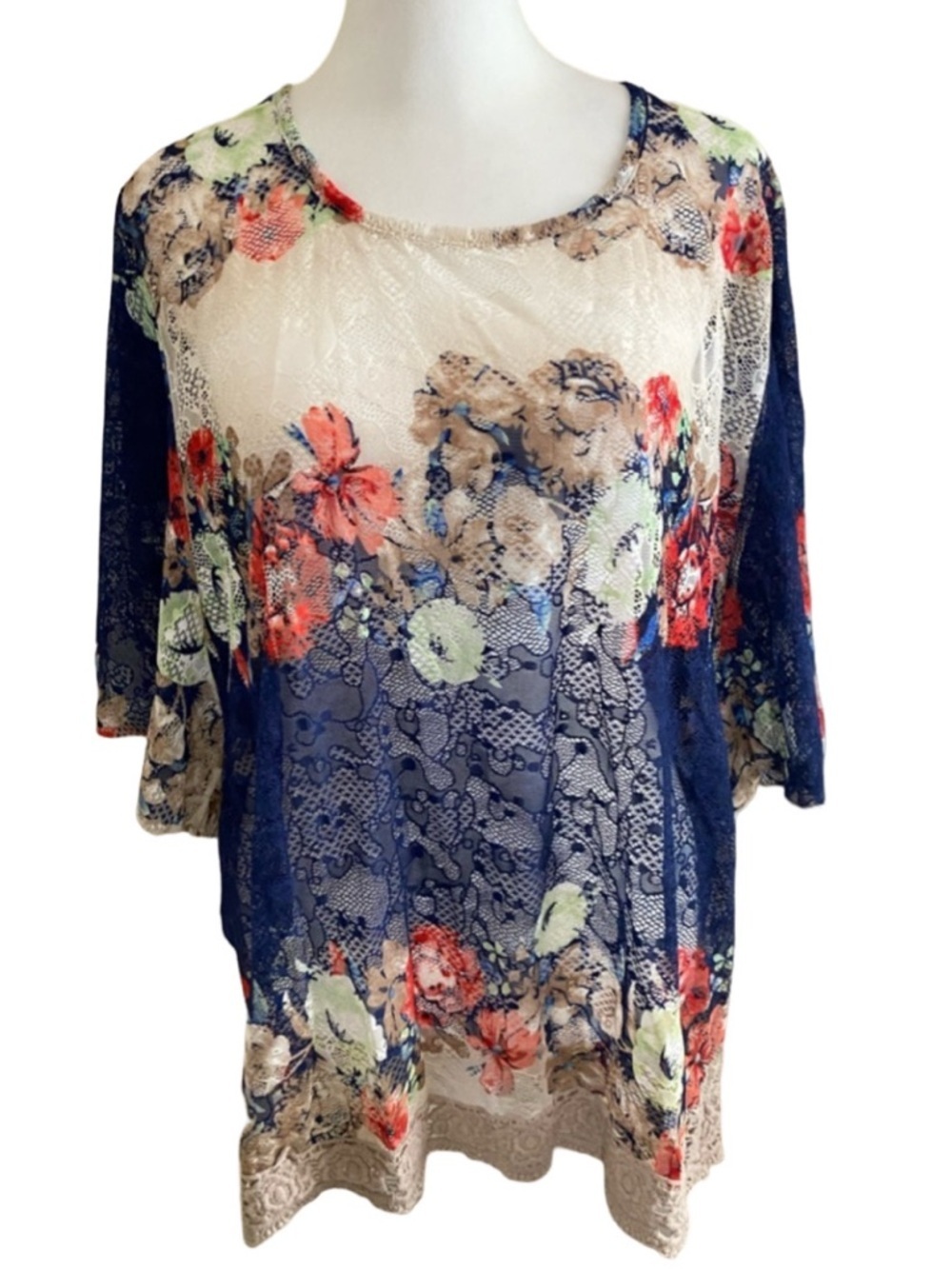 Rain Floral Lace Overlay Navy and Cream Women's Top. Size 1X